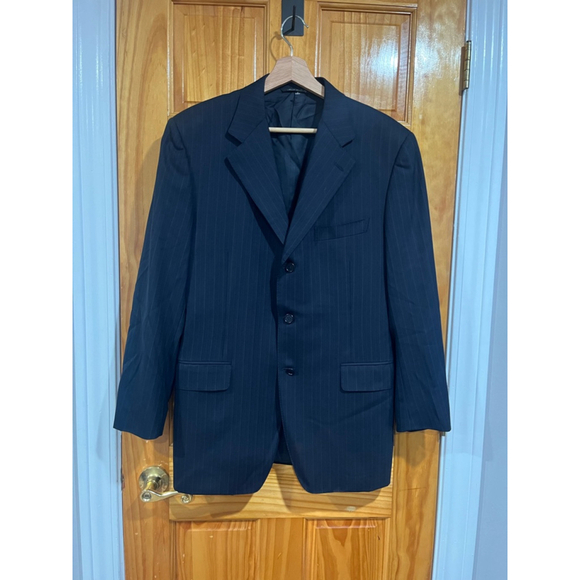 Men’s Canali Navy Blue Pinestripe Super 120s Wool Vintage Luxury Suit Jacket